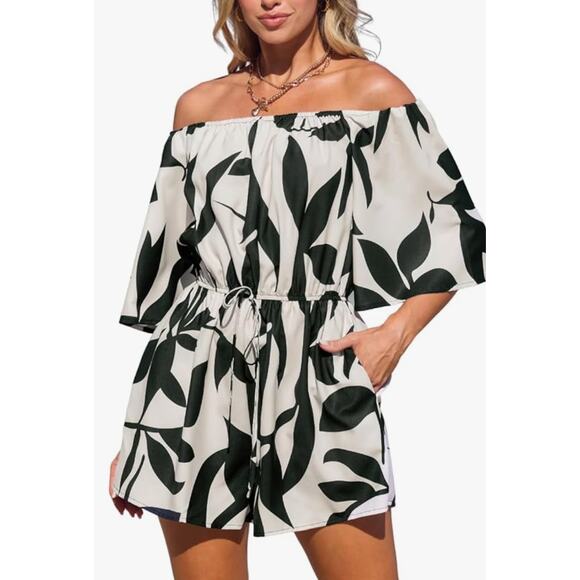 CUPSHE Women's Summer Casual 3/4 Sleeve Romper Wide Leg Floral Tropical - Picture 1 of 2